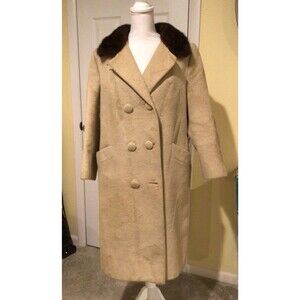 Vintage 60s CHEVREAU Lou Nierenberg Tan Faux & Brown Fur Collar Long Coat OS